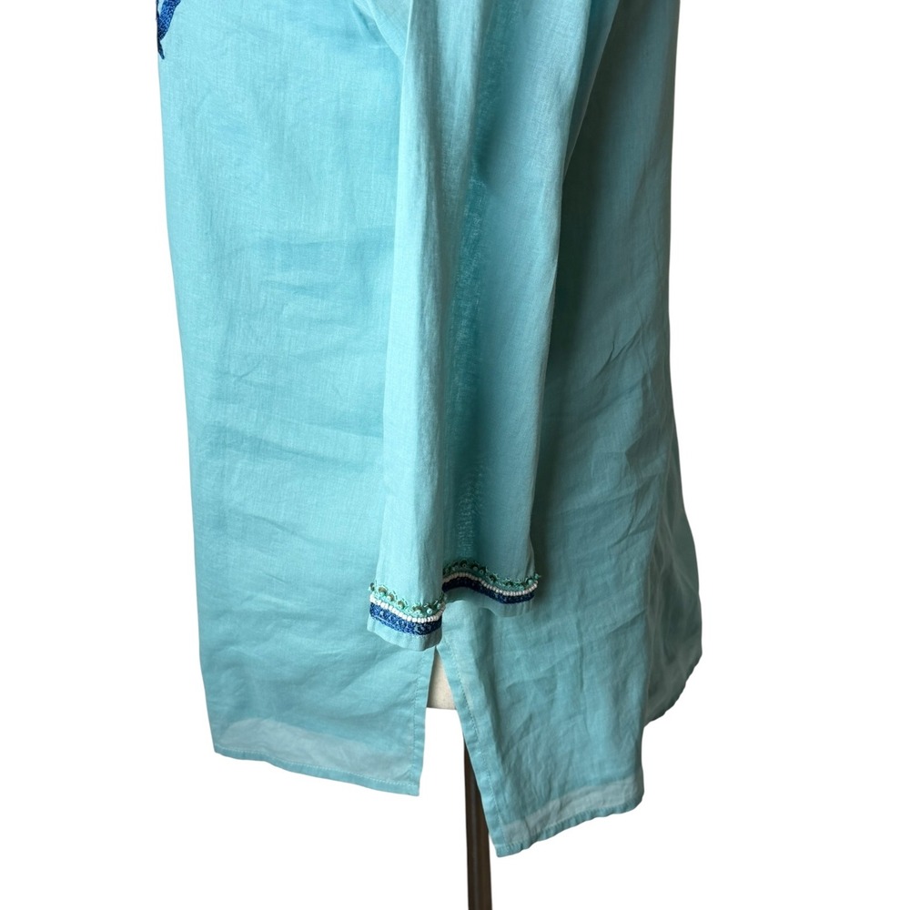 Journal Embroidered Tunic Women 6 Turquoise Blue Beaded Boho Cotton Top Cottage - Picture 8 of 13